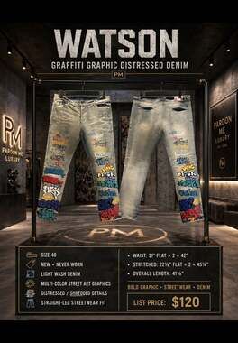 Watson SOSOO Men's Graffiti Graphic Distressed Light Wash Denim Jeans